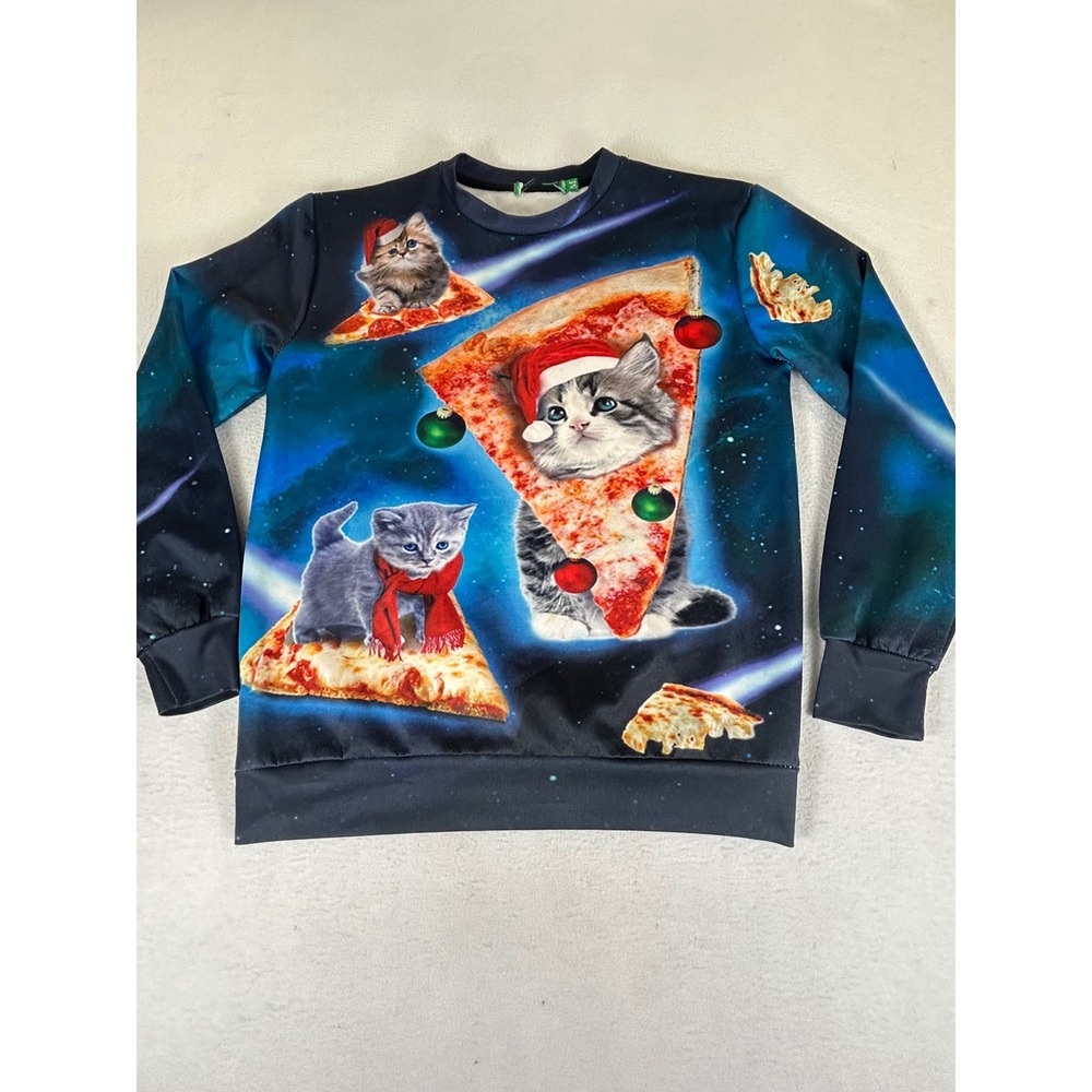 Unbranded Christmas Pizza Cat Sweatshirt Women M Blue Whimsical‎